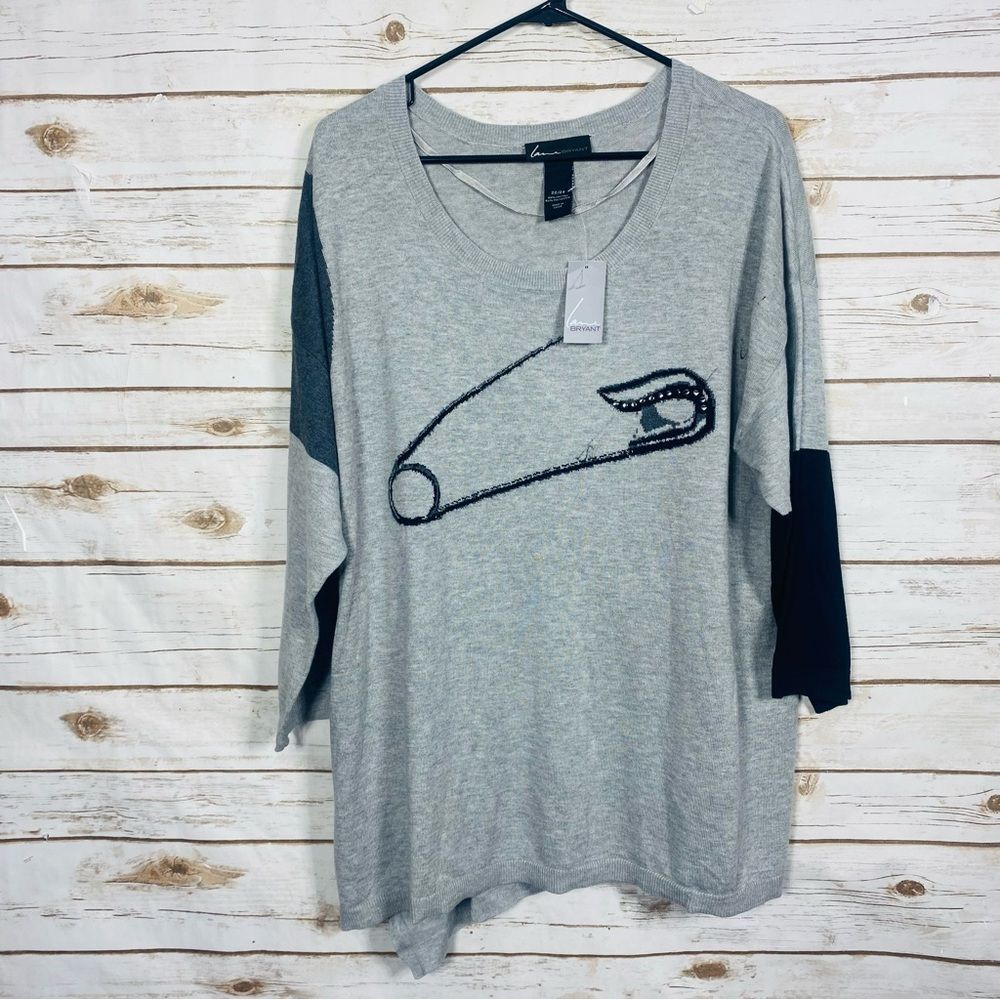 Lane Bryant Gray and Black Safety Pin 3/4 Sleeve Light Sweater Top Size 22/24